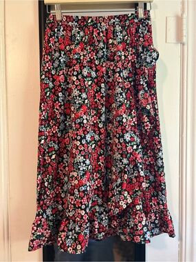 Only Ditsy Floral Midi Skirt with Black, Red, Pink, Blue, Green & White Flowers